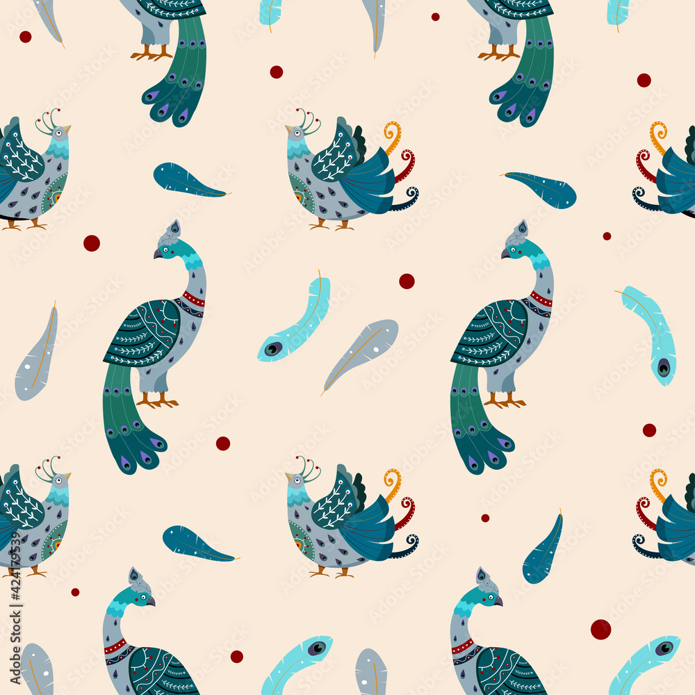 Pattern with fantastic blue birds in cartoon style. Endless texture on beige background. Print for fabric, textile, bed linen, wall paper.