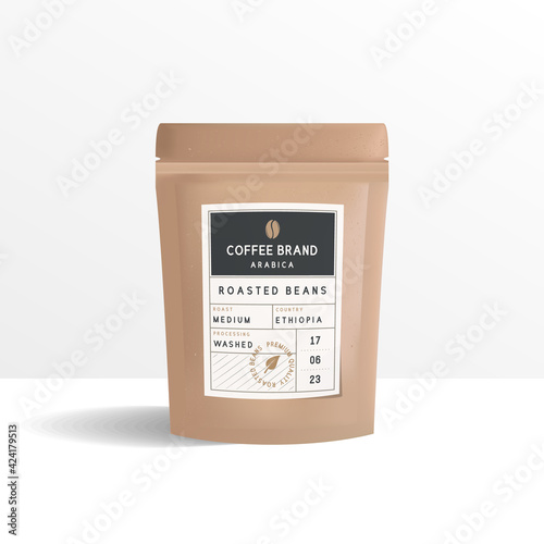 Paper zip package, bag mockup. Coffee zip bag template with Roasted beans label, sticker. Package mockup template for logo, brand, sticker, label. Paper food box. Vector illustration