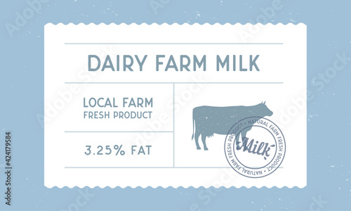 Dairy farm milk vintage label. Milk, dairy products vintage packaging design. Cow milk warranty, label, tag, sticker design for packaging. Hipster vintage old label template. Vector illustration