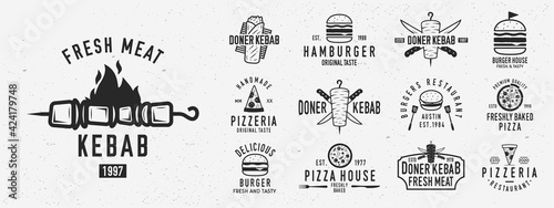 Vintage fast food logo set. Set of 13 fast food logo templates. Bistro, cafe, restaurant menu. Kebab, Burger, Pizza, Hamburger, Shawarma emblems. Trendy vintage hipster design. Vector illustration