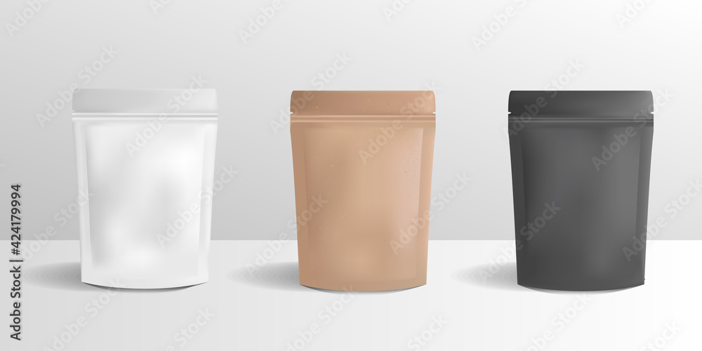 Vector Zip paper package set. Blank pouches, paper box, package mockup isolated on white background. Coffee package design. Food zip bag blank template. White, Brown and Black paper realistic pouches. Vector Zip paper package set. Blank pouches, paper box, package mockup isolated on white background. Coffee package design. Food zip bag blank template. White, Brown and Black paper realistic pouches.