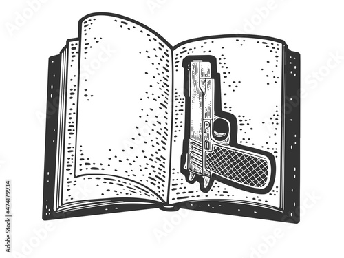 Pistol hide in book cache sketch engraving vector illustration. T-shirt apparel print design. Scratch board imitation. Black and white hand drawn image.