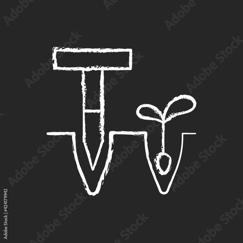 Dibbler chalk white icon on black background. Pointed wooden stick. Holes and furrows creation for planting. Preparation flower bed. T-handled dibber. Isolated vector chalkboard illustration