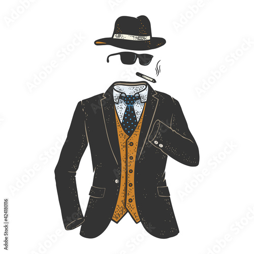 invisible Man character color sketch engraving vector illustration. T-shirt apparel print design. Scratch board imitation. Black and white hand drawn image.