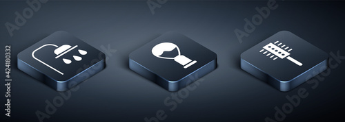 Set Isometric Shower head, Hairbrush and Shaving brush icon. Vector