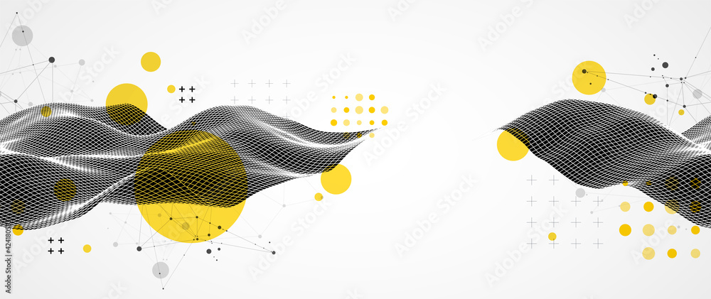 The abstract wave is made in a frame style in a bright gradient color. Template for science and technology presentation.