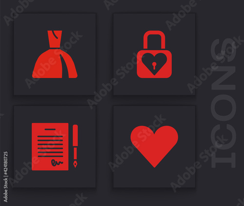 Set Heart, Woman dress, Lock and heart and Marriage contract icon. Vector