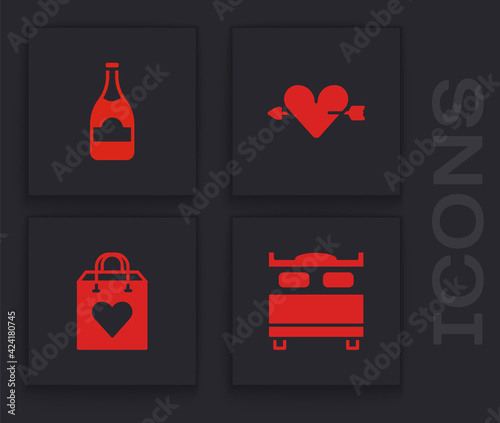 Set Bedroom, Champagne bottle, Amour with heart and arrow and Shopping bag icon. Vector