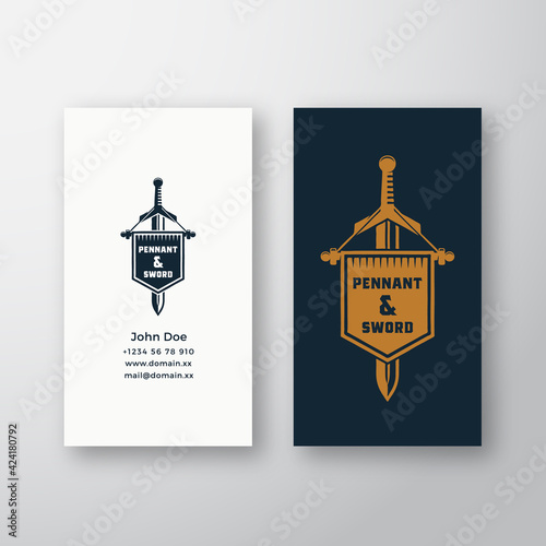 Pennant and Sword Abstract Vector Logo and Business Card Template. Vintage Emblem with Retro Typography. Premium Stationary Realistic Mock Up. Isolated