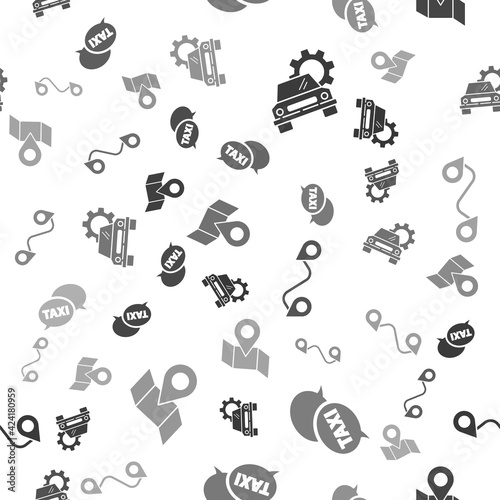 Set Car service, Taxi call telephone service, Route location and Folded map with location marker on seamless pattern. Vector