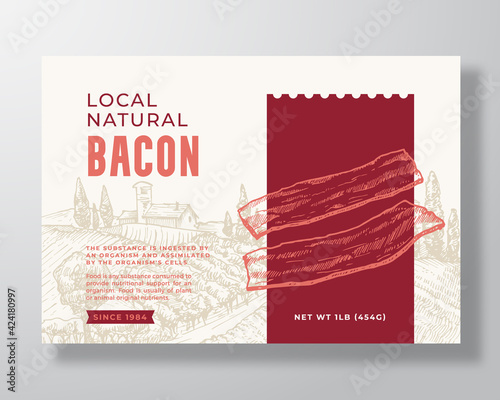 Food Label Template. Abstract Vector Packaging Design Layout. Modern Typography Banner with Hand Drawn Bacon Slices and Rural Landscape Background. Isolated
