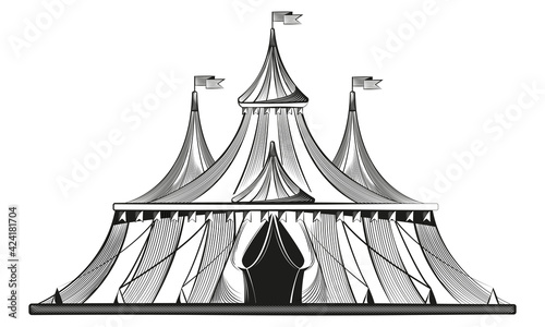 Vintage circus tent. Carnaval construction in engraving style.