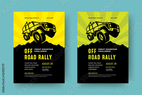Off road truck competition poster or flyer event modern typography design template and 4x4 suv car silhouette.