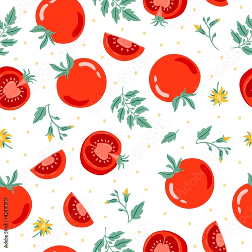 Fototapeta Naklejka Na Ścianę i Meble -  Red tomato seamless pattern vector illustration. Cut tomato, tomato slice, leaves, flowers and tomato seeds. Cartoon vegetable for fabric, tablecloth, kitchen textiles, for clothing, wrapping paper