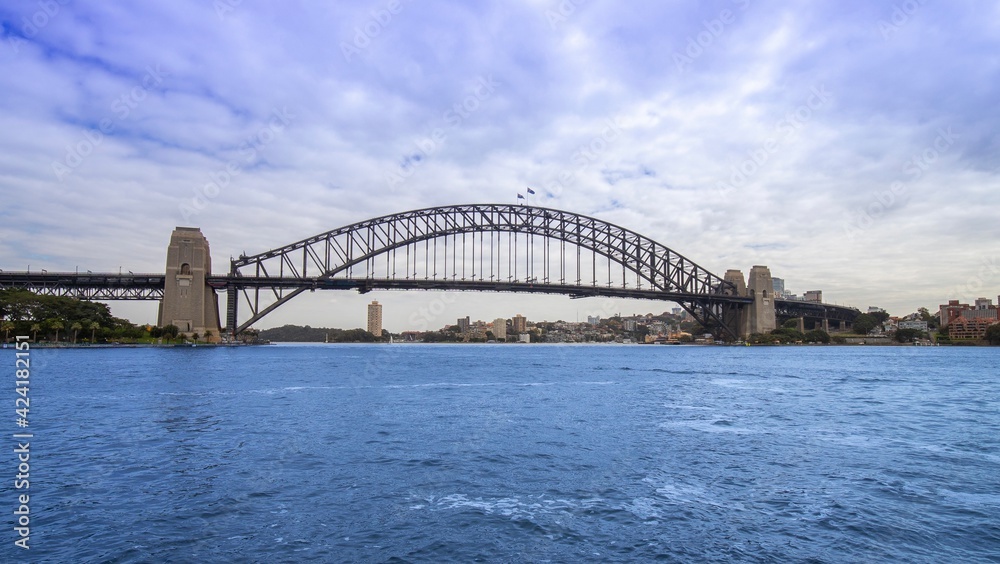 Panoramic view of Sydney Harbour NSW Australia on a nice sunny and partly cloudy Morning 