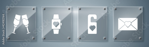 Set Envelope with Valentine heart, Please do not disturb with heart, Heart in the center wrist watch and Glass of champagne. Square glass panels. Vector