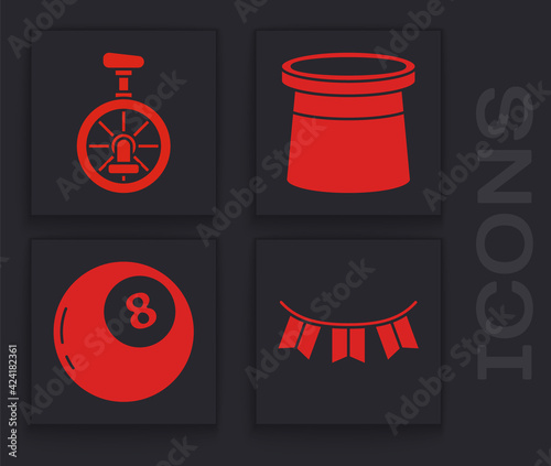Set Carnival garland with flags, Unicycle or one wheel bicycle, Magician hat and Magic ball of predictions icon. Vector