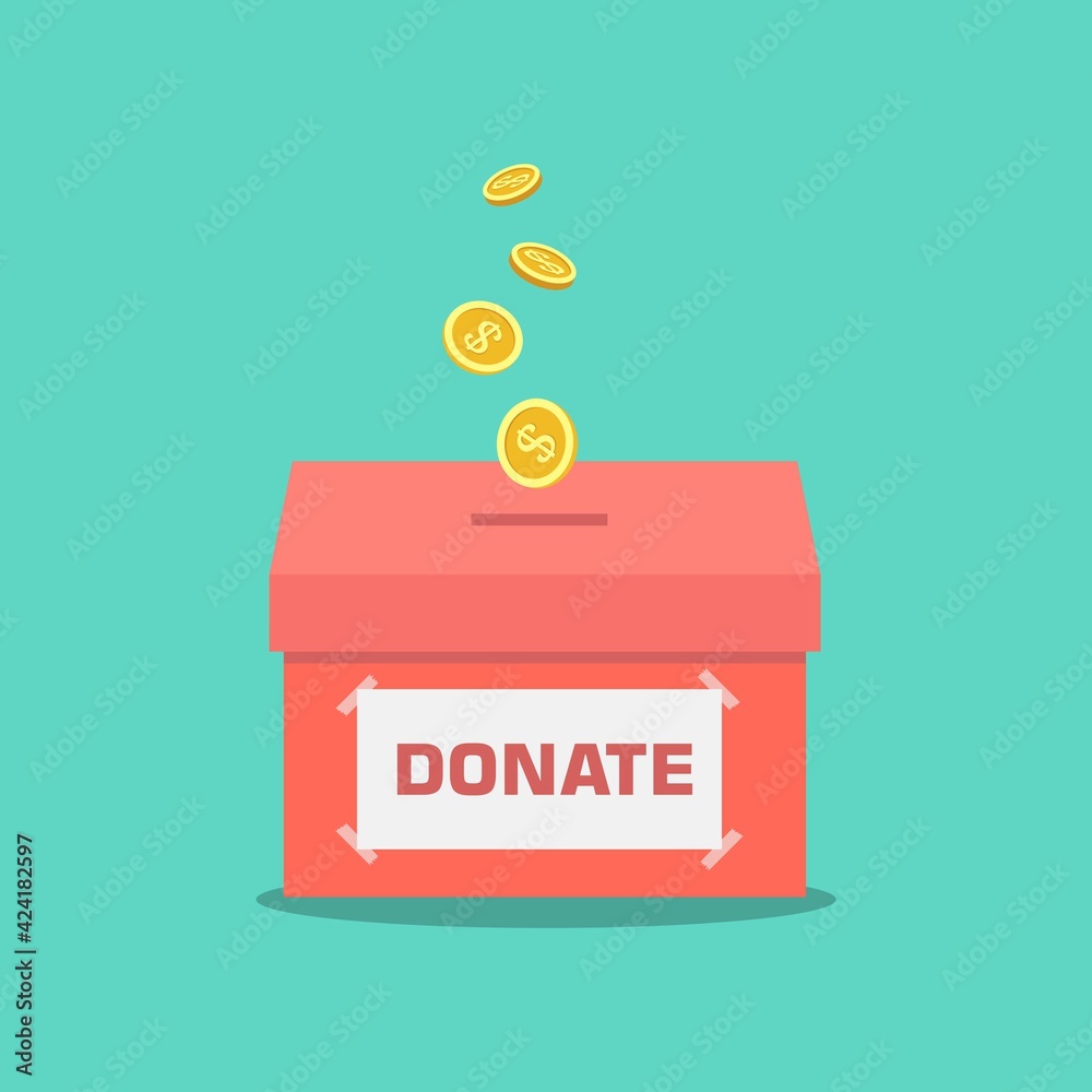 donation concept. Donate money with box Business, finance. coins depositing in a carton box. Vector illustration in flat style donation concept. Donate money with box Business, finance. coins depositing in a carton box. Vector illustration in flat style