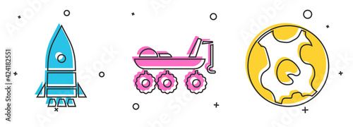 Set Rocket ship, Mars rover and Earth globe icon. Vector