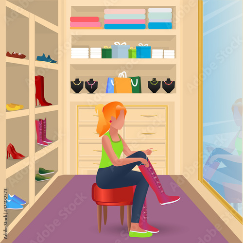 The girl in the dressing room tries on boots. Shop, fitting room, room with things. Accessories, jewelry, clothing. Cartoon drawing with character.