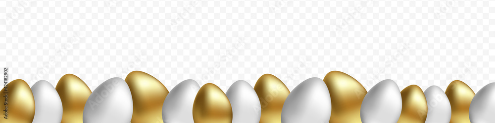 Naklejka Bottom border of Easter gold and silver egg on banner transparent background. Easter eggs set. Vector illustration EPS 10