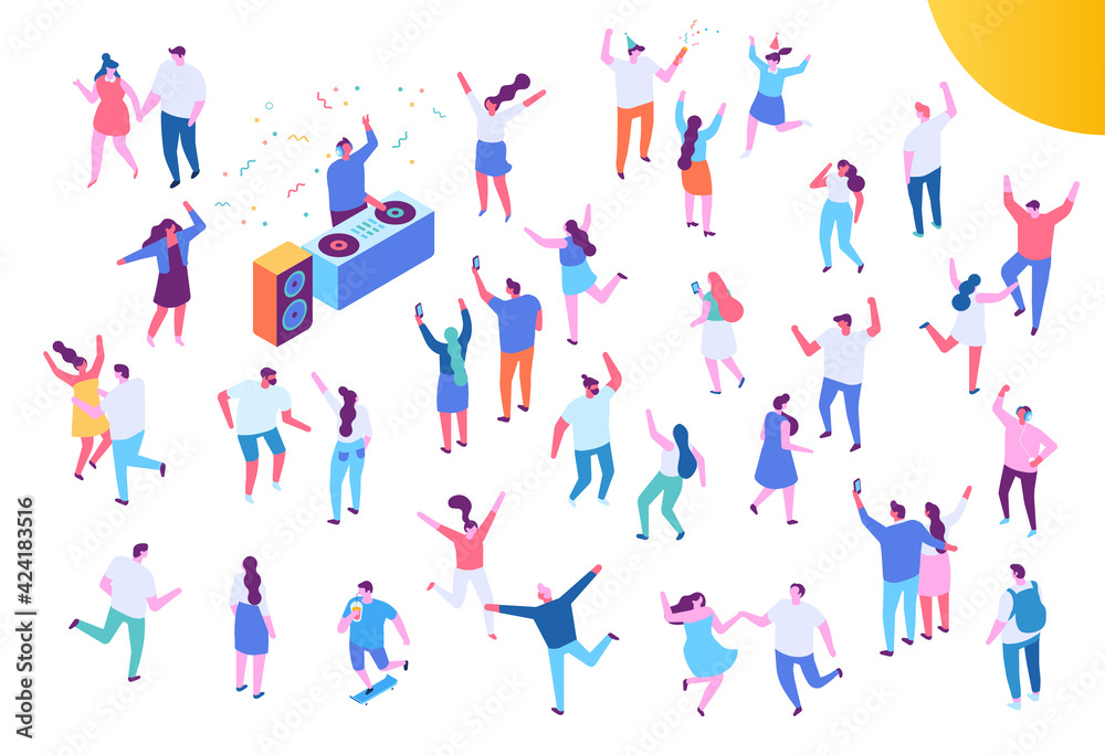 Isometric people party vector set. Young people dancing. Dj party, consert, festival. Isometric people party vector set. Young people dancing. Dj party, consert, festival.