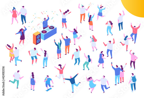 Isometric people party vector set. Young people dancing. Dj party  consert  festival. 