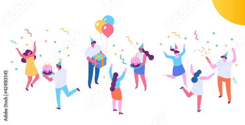 Birthday party isometric people. Vector characters