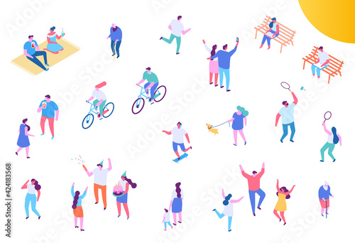 People leisure and outdoor activity. City park isometry icons of people sitting on bench, playing and reading book vector isometric isolated elements. photo