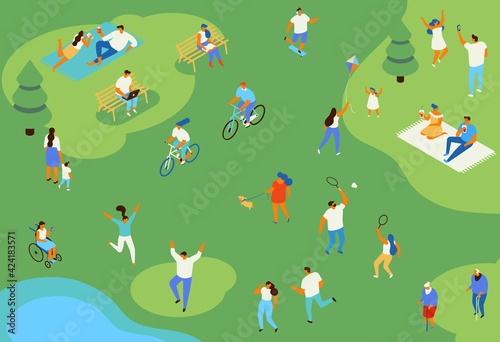 Family picnic and summer rest. People in park leisure and outdoor activity. City park isometry icons of people sitting on bench, playing and reading book vector isometric isolated elements.