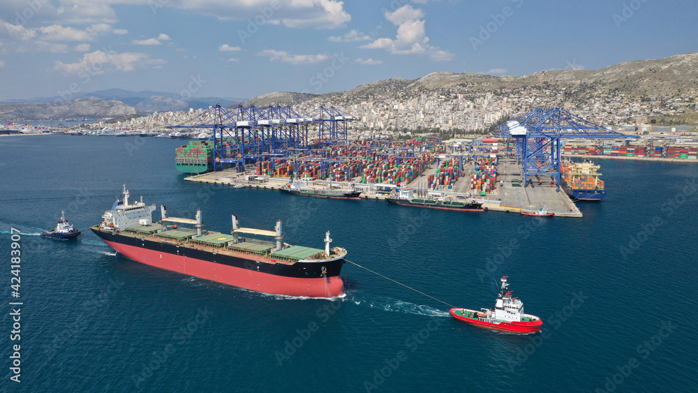 Aerial drone photo of logistics container terminal port in Mediterranean destination