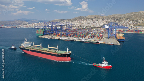 Aerial drone photo of logistics container terminal port in Mediterranean destination