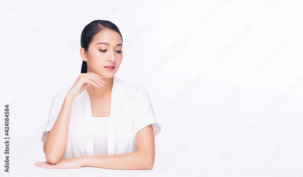 Beauty, cosmetics, healthy, treatment, skincare and spa concept. Asian young woman looking at camera with clear fresh skin. Teenager with perfect treatment skin over isolated white background. Beauty, cosmetics, healthy, treatment, skincare and spa concept. Asian young woman looking at camera with clear fresh skin. Teenager with perfect treatment skin over isolated white background.