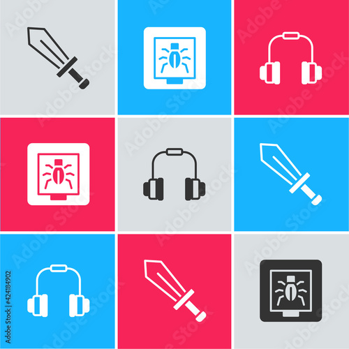 Set Sword for game, Insects in frame and Headphones icon. Vector