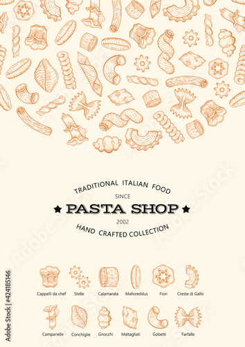 Pasta italian food vector illustration. Vintage Macaroni set icon. Restaurant, craft shop menu poster in sketch style. Kitchen background design. Fusilli, rigatoni, farfalle pasta drawing from Italy © Olga Che