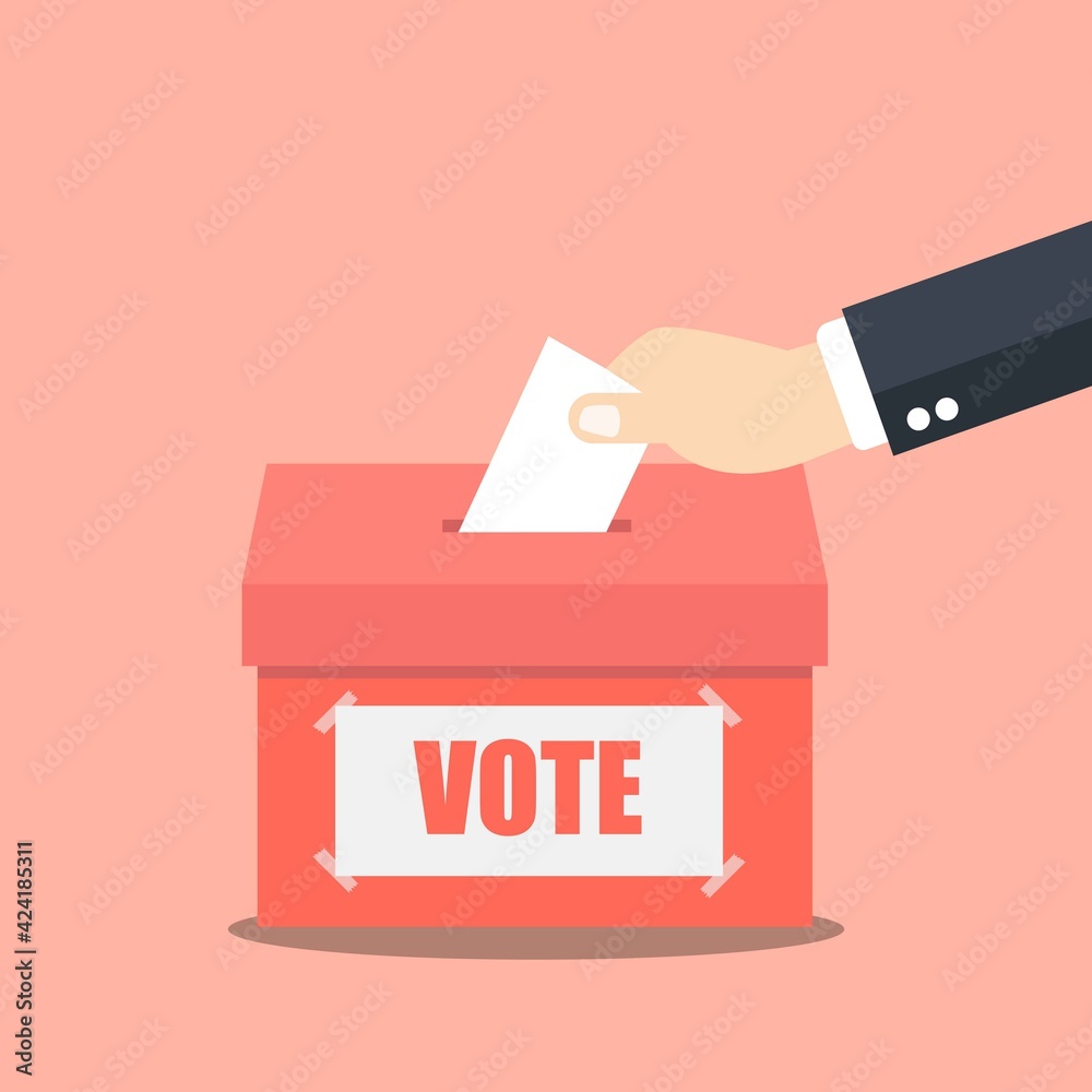 Voting online concept. Hand putting or inserting voting paper in the ballot box on a laptop screen. Flat design Voting online concept. Hand putting or inserting voting paper in the ballot box on a laptop screen. Flat design