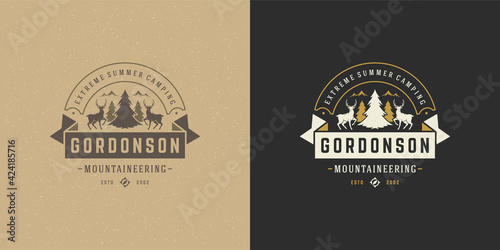 Forest camping logo emblem summer vacation vector illustration deers and pine tree silhouettes