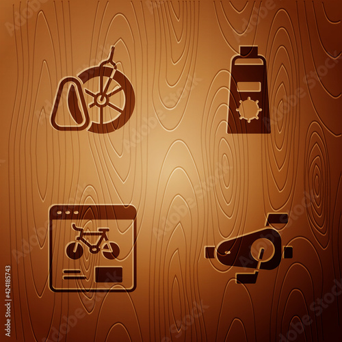 Set Bicycle pedals, parking, rental mobile app and Sunscreen cream tube on wooden background. Vector