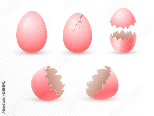 pink easter eggs in various form. broken painted holiday eggs. whole, cracked, open and broken eggshell. 3d realistic illustration. Vector mock up for holiday design isolated on transparent background