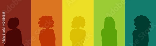 girls women with different hairstyles and different nationalities on a colorful background. rainbow, equality, sisterhood, feminism