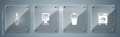 Set Washer, Bucket, Pressure water meter and Screwdriver. Square glass panels. Vector