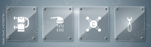 Set Wrench spanner, Water tap, Shower and Heated towel rail. Square glass panels. Vector