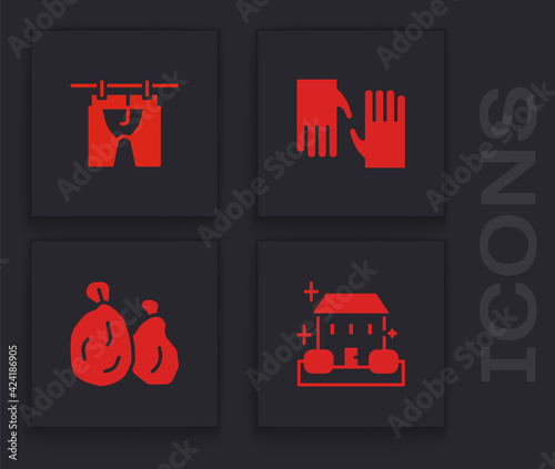 Set Home cleaning service, Drying clothes, Rubber gloves and Garbage bag icon. Vector