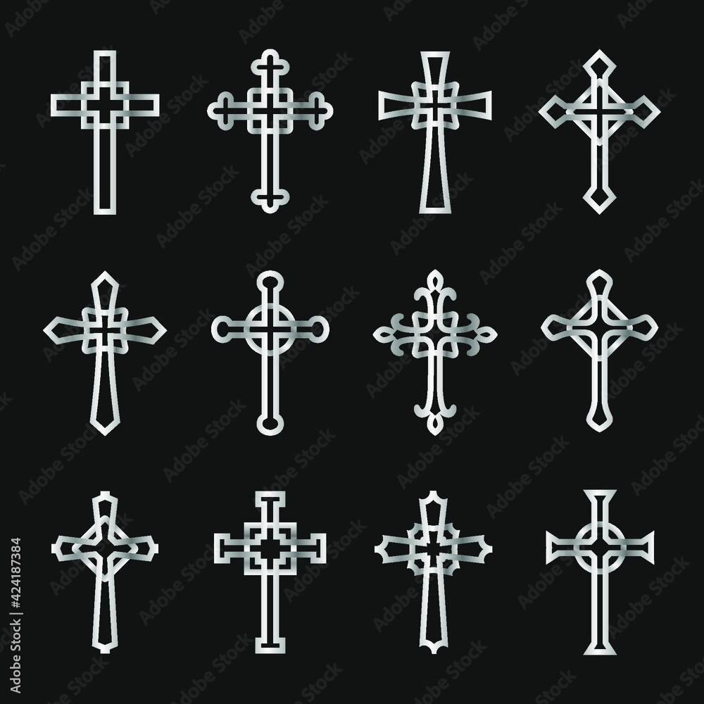 set of silver crosses on black background