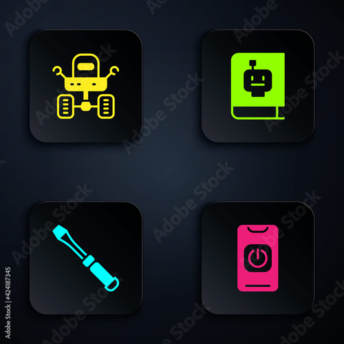 Set Turn off robot from phone, Mars rover, Screwdriver and User manual. Black square button. Vector