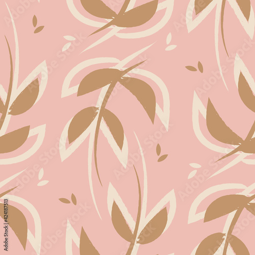 Vector pink brown leaves boho seamless pattern 