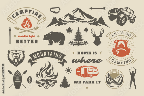 Summer camping and outdoor adventures design elements set, quotes and icons vector illustration. photo
