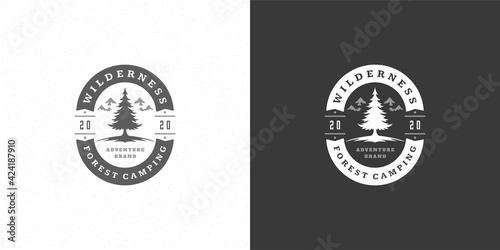 Forest camping logo emblem outdoor adventure vector illustration pine trees silhouette