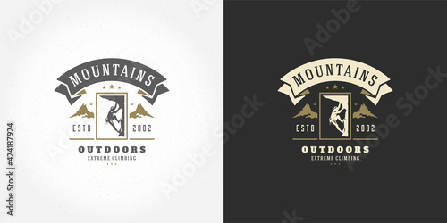 Climber logo emblem outdoor adventure expedition vector illustration mountaineer man silhouette