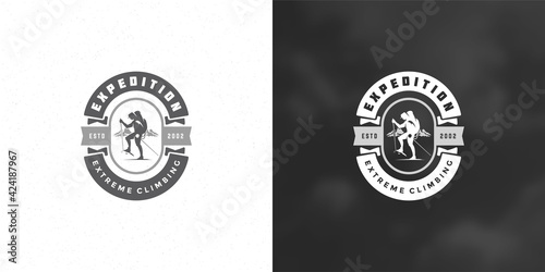 Climber logo emblem outdoor adventure expedition vector illustration mountaineer man silhouette